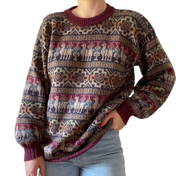 Vintage 90s Mens Peruvian Alpaca Wool Striped Geometric Oversized Sweater Sz L - Picture 4 of 6